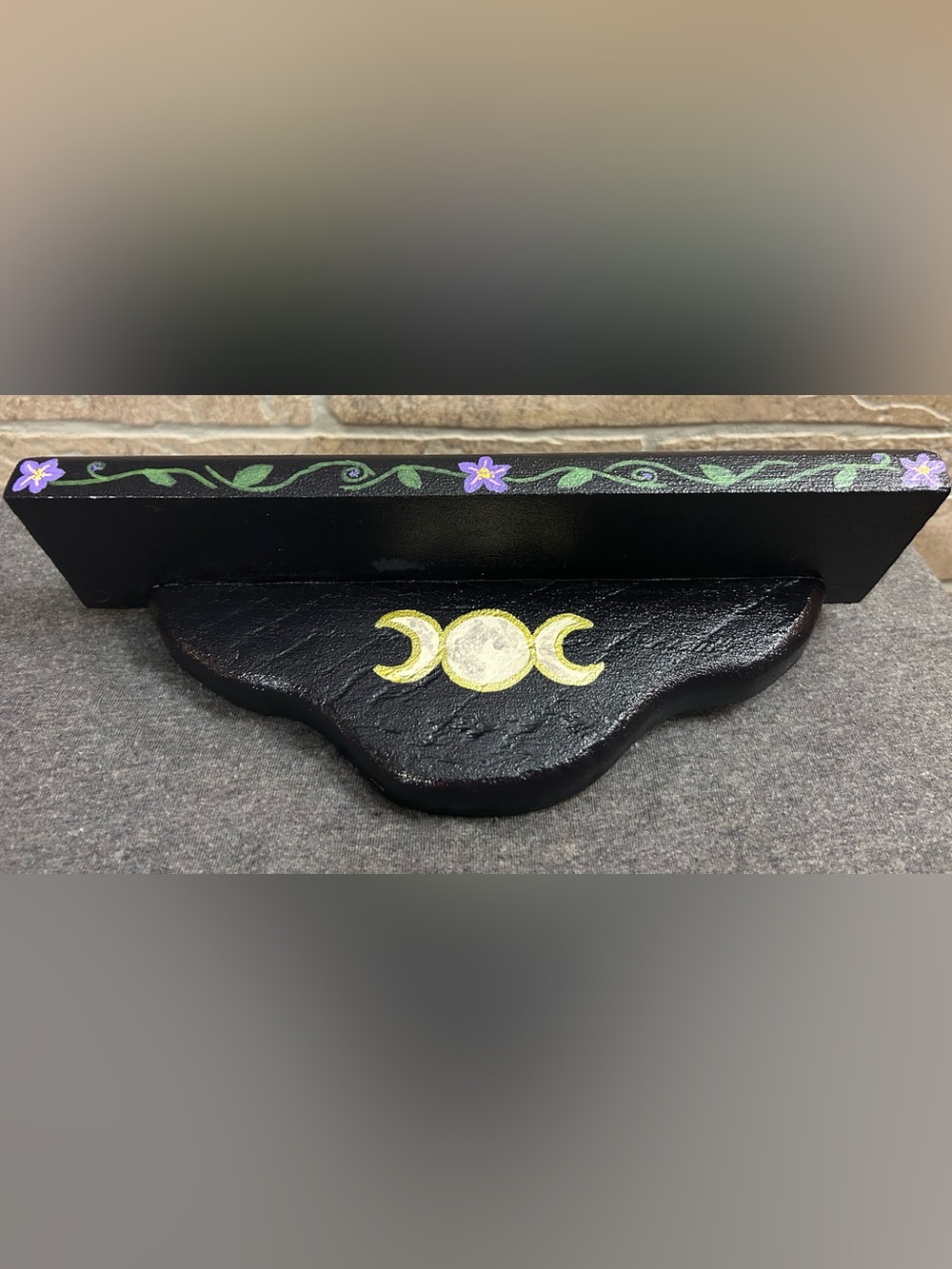 Black Triple Moon Vintage Wall Shelf with Hand-Painted Floral Accent